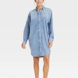 SZL Denim Mini Dress. Above knee. Long sleeve. Functioning buttons. Stylized hem